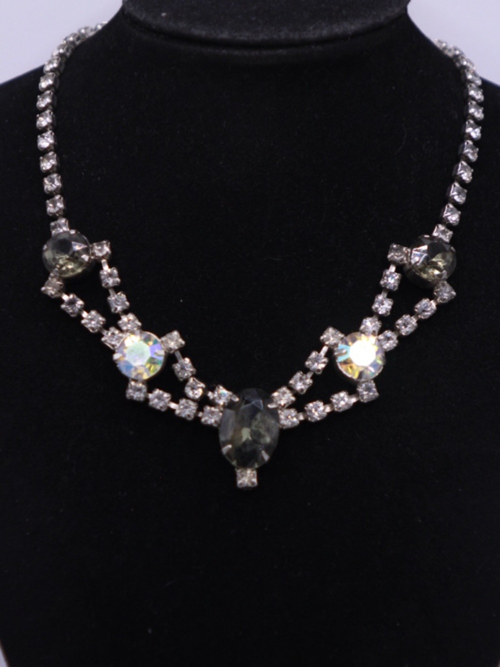 Crystal Statement Necklace - Silver-Tone Clear Smokey and Aurora Stones